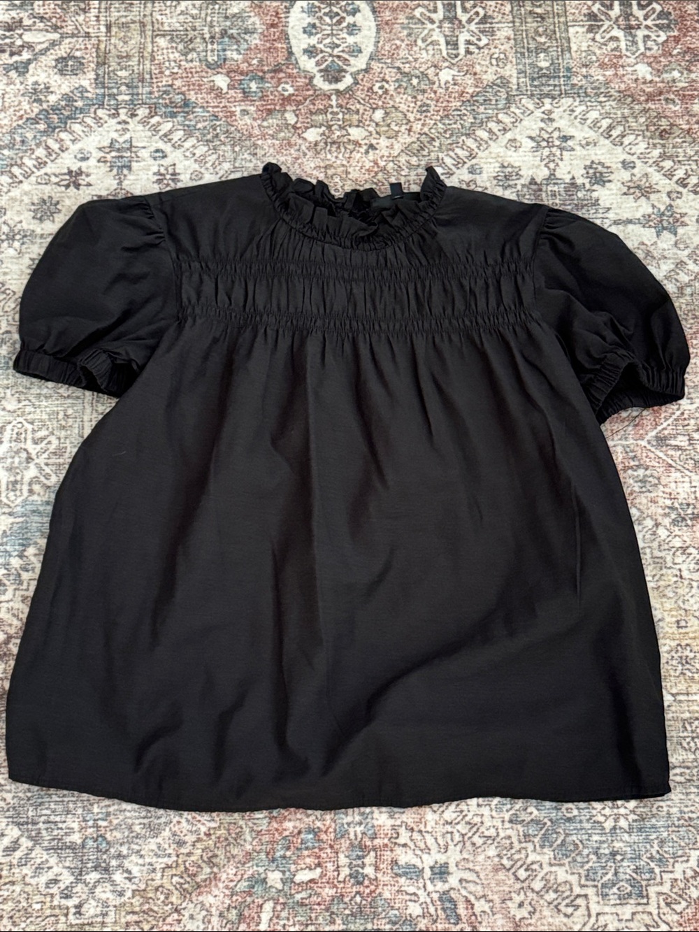 DownEast Black Puffed Sleeve Smocked Blouse